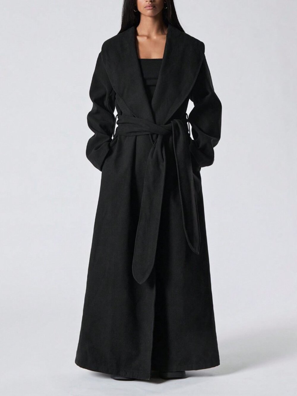 Black Elegant Women's Long Belted Pocket Loose Comfy Long Sleeve Jacket coat - Picture 3 of 6